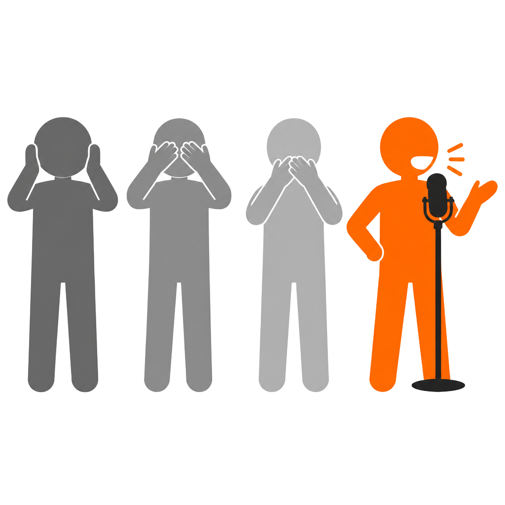 Three grayscale figures hearing, seeing and speaking no evil beside a fourth figure in orange speaking into a microphone